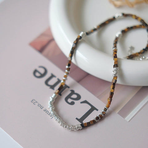 Earthly Elegance: Handcrafted Tiger's Eye Stone Necklace with Sterling Silver Accents