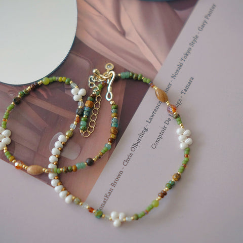 Bohemian Bliss: Teardrop Czech Bead Necklace with Red Agate Cube and Serpeggiante Beads