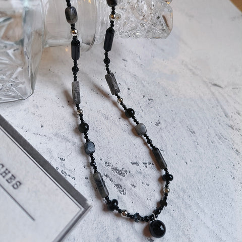 Midnight Reflections Black Agate and Hawk's Eye Choker Necklace