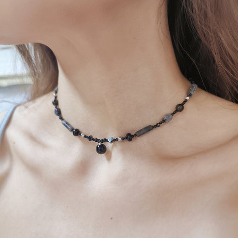 Midnight Reflections Black Agate and Hawk's Eye Choker Necklace