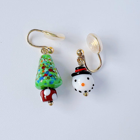 Christmas Jewelry Clip On Earrings Xmas Tree & Snowman gold-plated brass earring clips