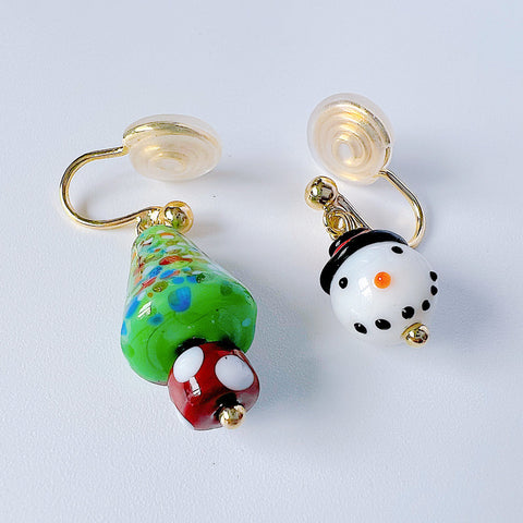 Christmas Jewelry Clip On Earrings Xmas Tree & Snowman gold-plated brass earring clips