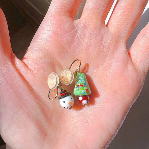 Christmas Jewelry Clip On Earrings Xmas Tree & Snowman gold-plated brass earring clips